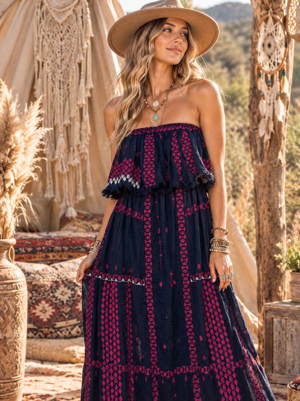 Free People womans Strapless Navy and pink embroidered midi dress size S